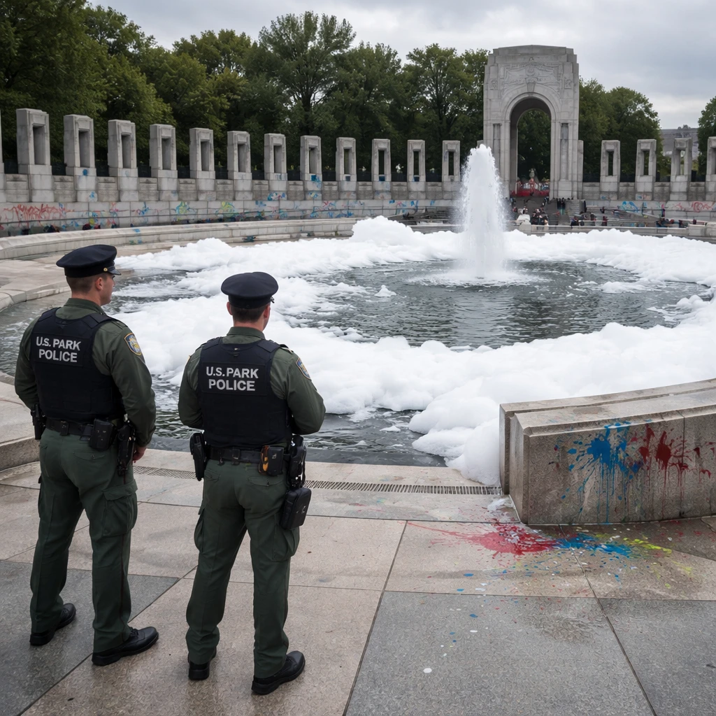 World War Two Memorial in Washington Defaced with Soap Bubbles and Paint