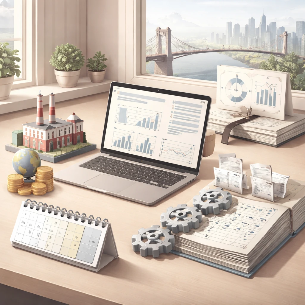 Conceptual scene illustrating core accounting assumptions with icons for entity, money, time, accruals, and continuity around a laptop showing financial statements.