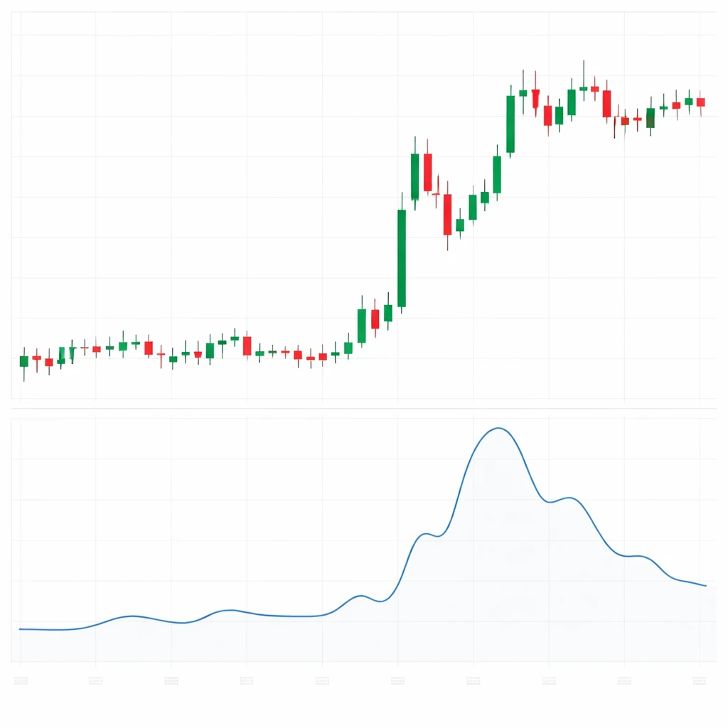 Candlestick chart with a lower panel line illustrating rising and falling volatility consistent with Average True Range behavior.