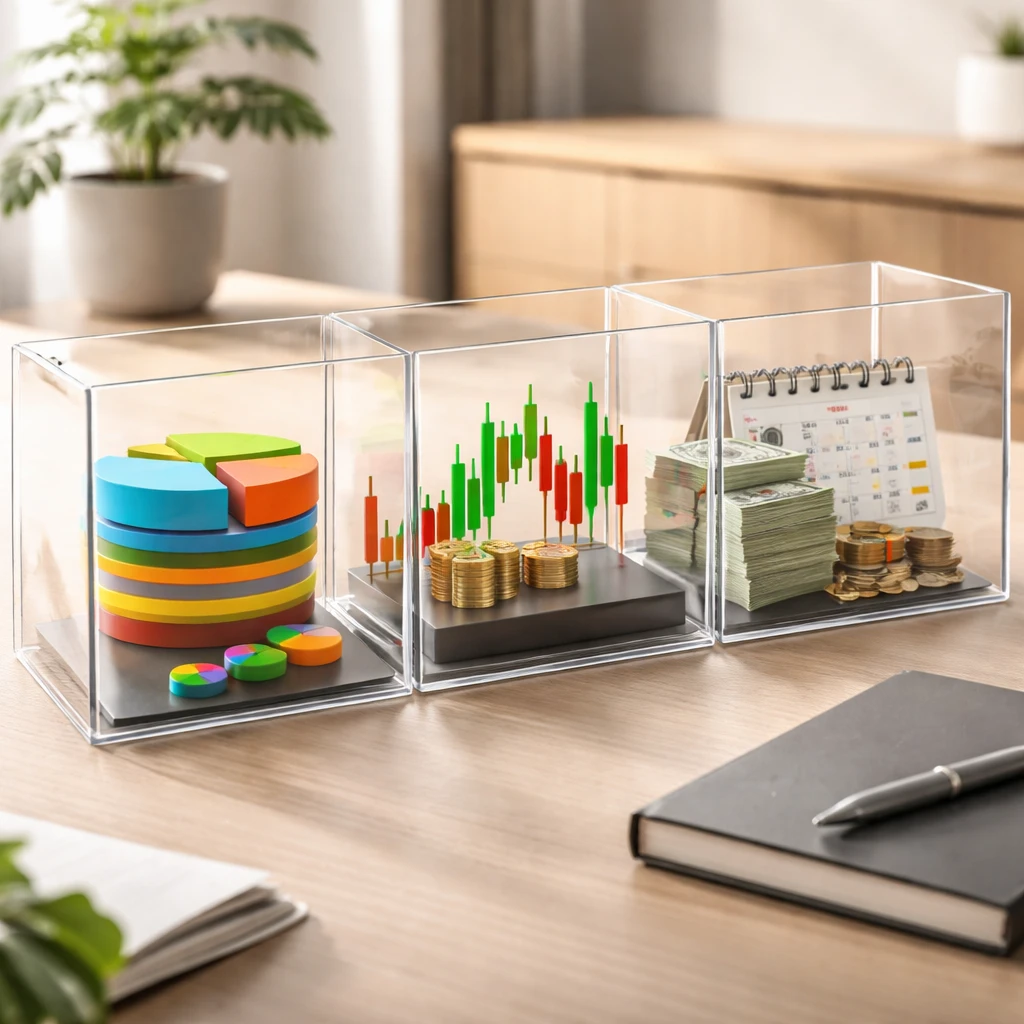 Three distinct transparent containers of financial assets separated by clear barriers, symbolizing segregated long-term, trading, and liquidity capital.