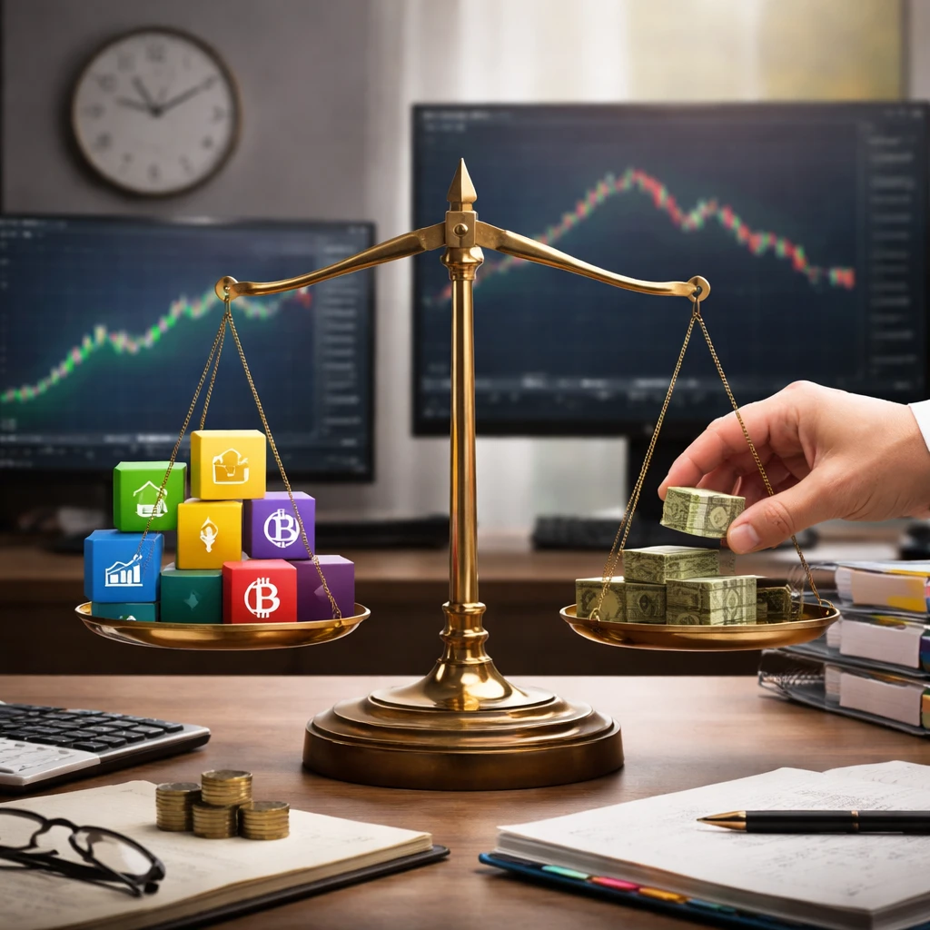 A hand hesitates over a balance scale of portfolio assets, illustrating the psychological tension of rebalancing.