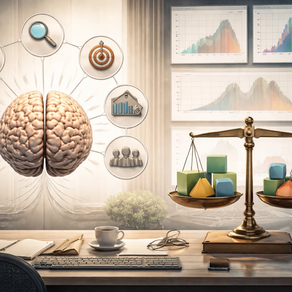 Illustration of cognitive biases connected to a brain contrasted with balanced risk tools at a trading desk.