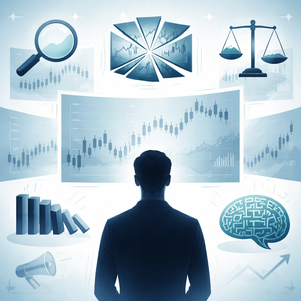 Conceptual scene of a trader facing layered market charts with visual symbols of cognitive biases influencing narratives.