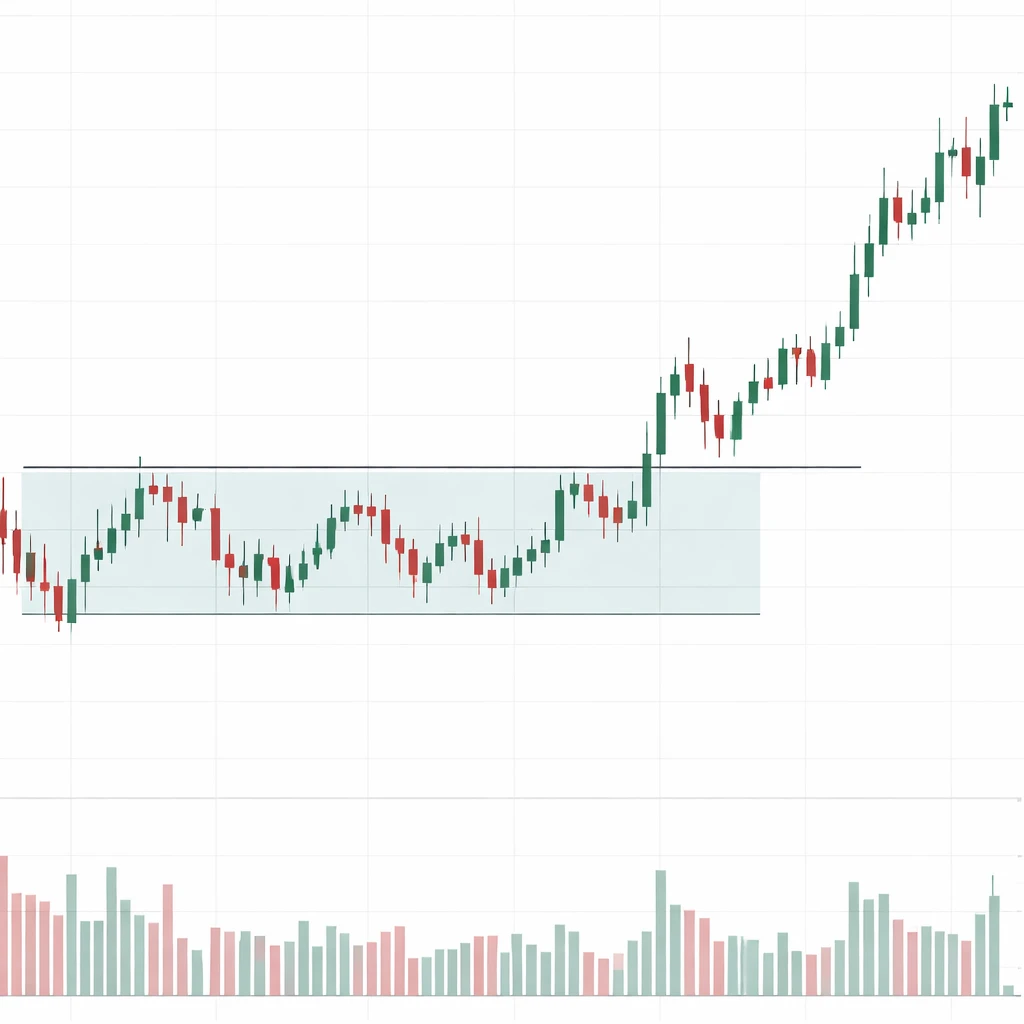 Candlestick chart illustrating a breakout above a range followed by a retest of the broken level.