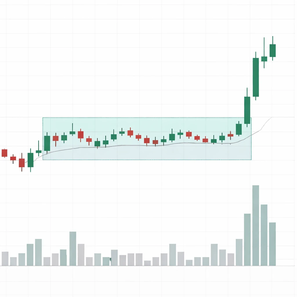 Candlestick chart depicting a tight consolidation range followed by a decisive breakout with rising volume.