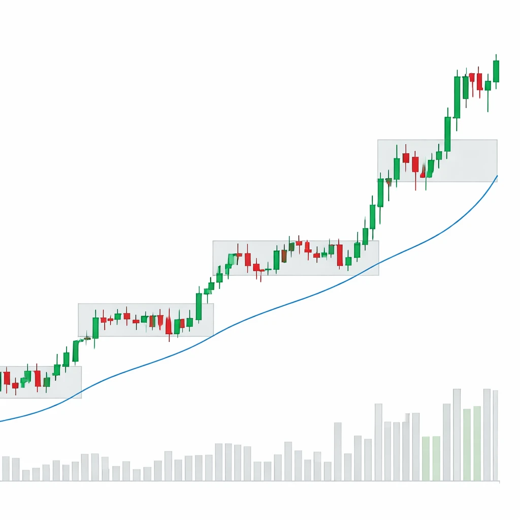 Chart illustration of an uptrend with consolidations and a decisive breakout move on increased volume.