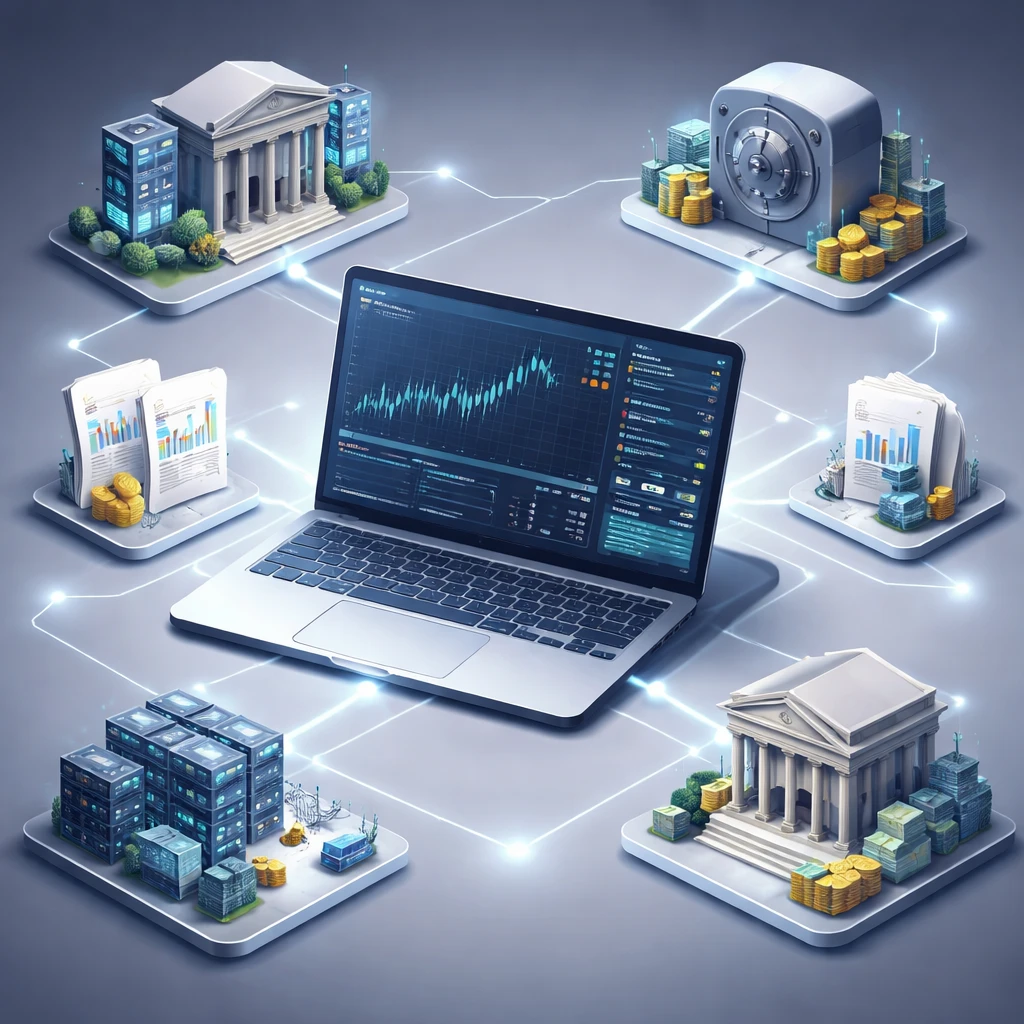 Illustration of a trading platform connected to an exchange, a custodian vault, a clearinghouse, and a bank, representing a brokerage account’s infrastructure.