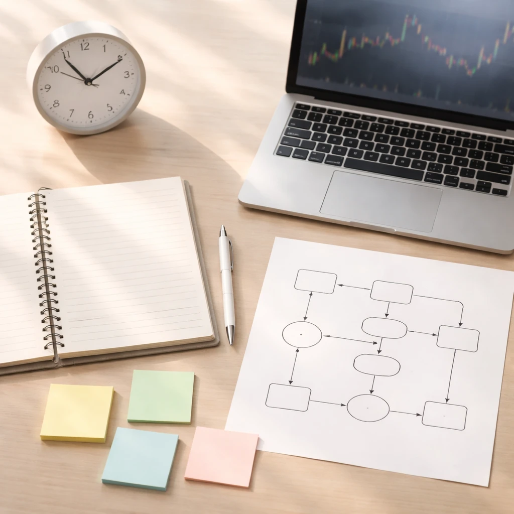 Overhead view of a trading workspace with a blank checklist, flowchart shapes, and a clock, symbolizing a repeatable process.