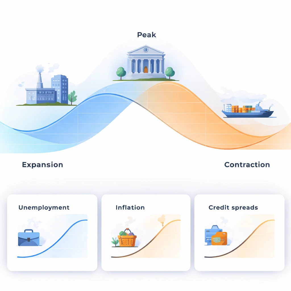 Stylized macroeconomic cycle curve with shaded phases and icons for industry, services, trade, and policy alongside mini-charts of unemployment, inflation, and credit spreads.