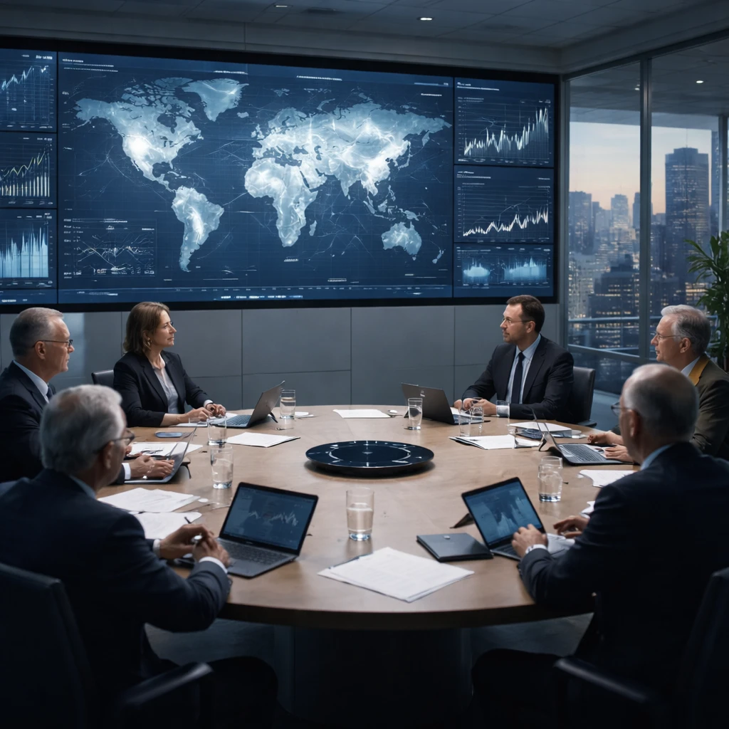 Central bank policymakers monitor global currency markets on large screens showing charts and a world map.