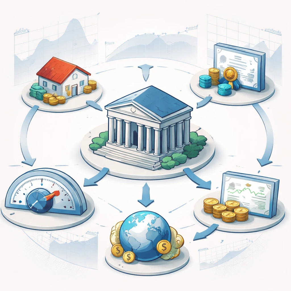 Conceptual illustration of central bank monetary policy influencing interest rates, the yield curve, and asset valuations.