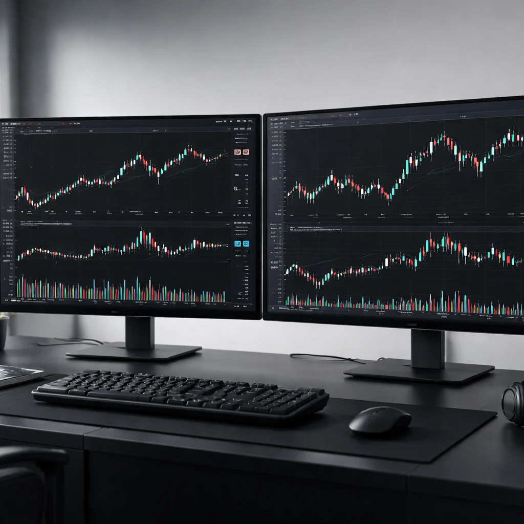Multi-monitor trading workstation displaying financial charts with drawing tools, order lines, and alerts, no text.