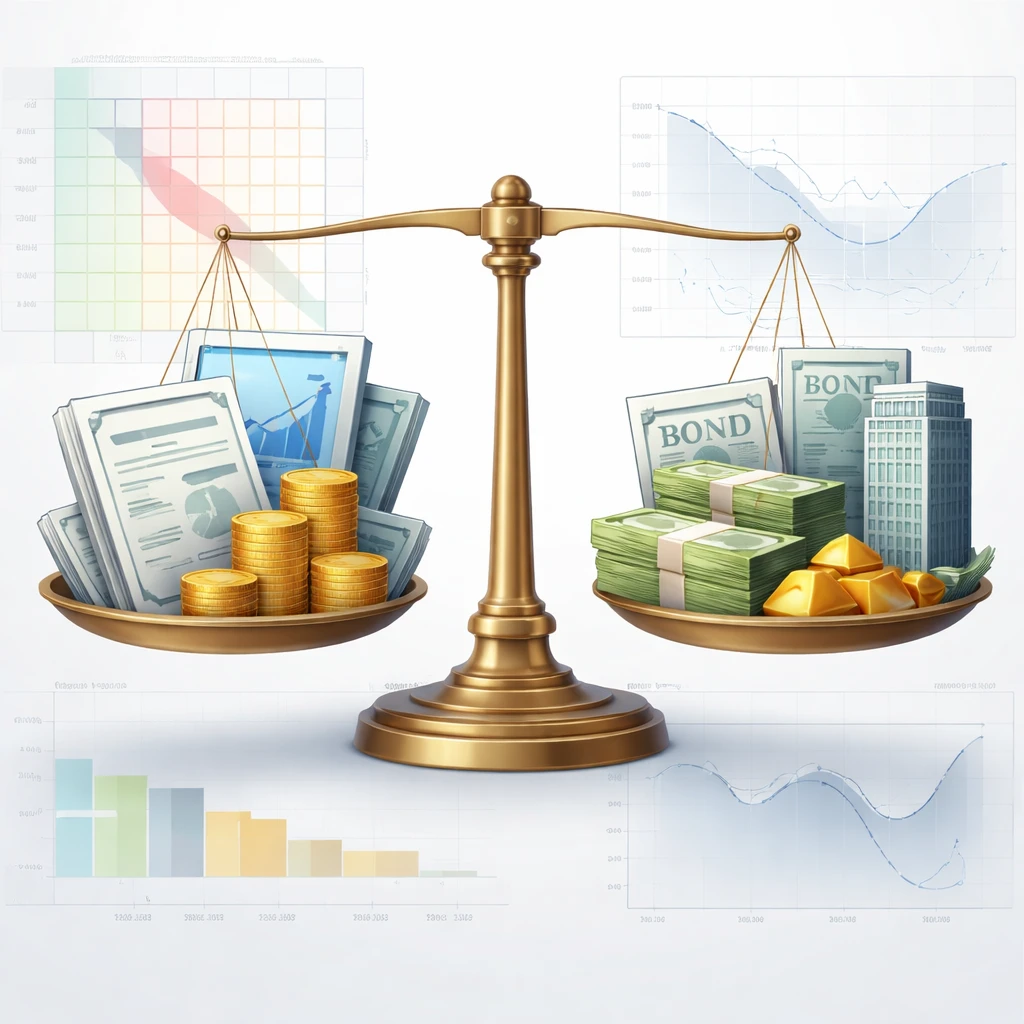 Illustration of a portfolio balance scale with equities, bonds, cash, and real assets, surrounded by abstract risk and correlation visuals.