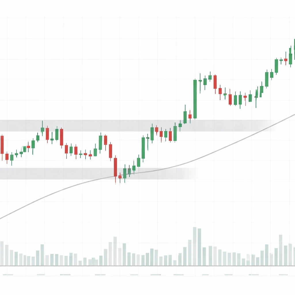 Candlestick chart depicting a horizontal range, a failed breakout, and a subsequent successful breakout with volume bars.