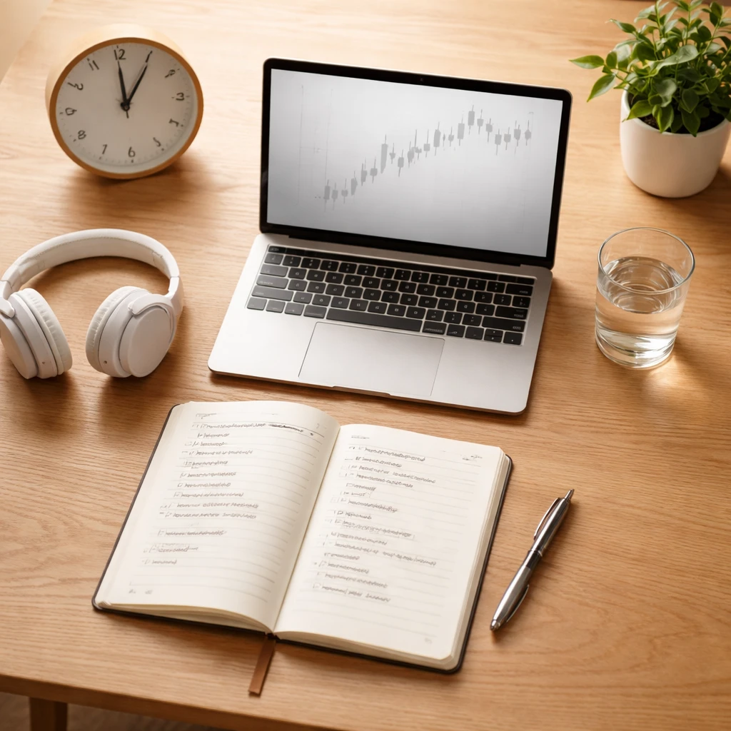 Overhead view of a tidy trading desk with a journal, pen, clock, headphones, and a laptop showing a blurred chart, conveying focused routine.