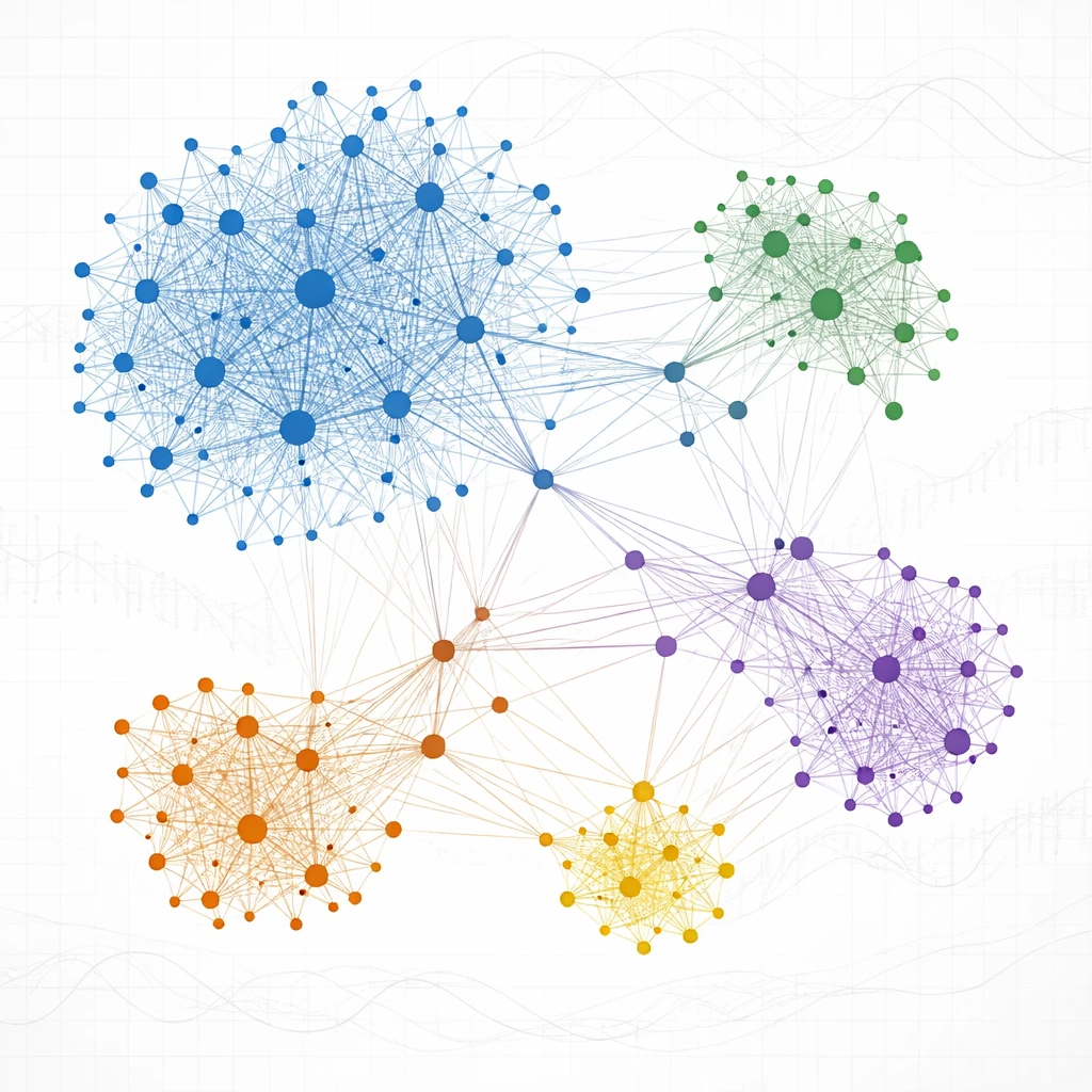 Network diagram of portfolio assets clustered by correlation, illustrating overlapping exposures across equities, bonds, commodities, FX, and options.
