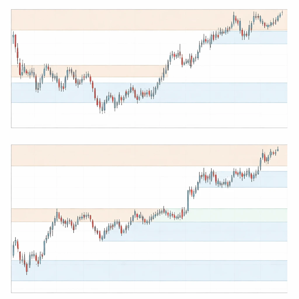Candlestick charts displaying shaded support and resistance zones across two timeframes, with price wicks testing and reacting around the bands.
