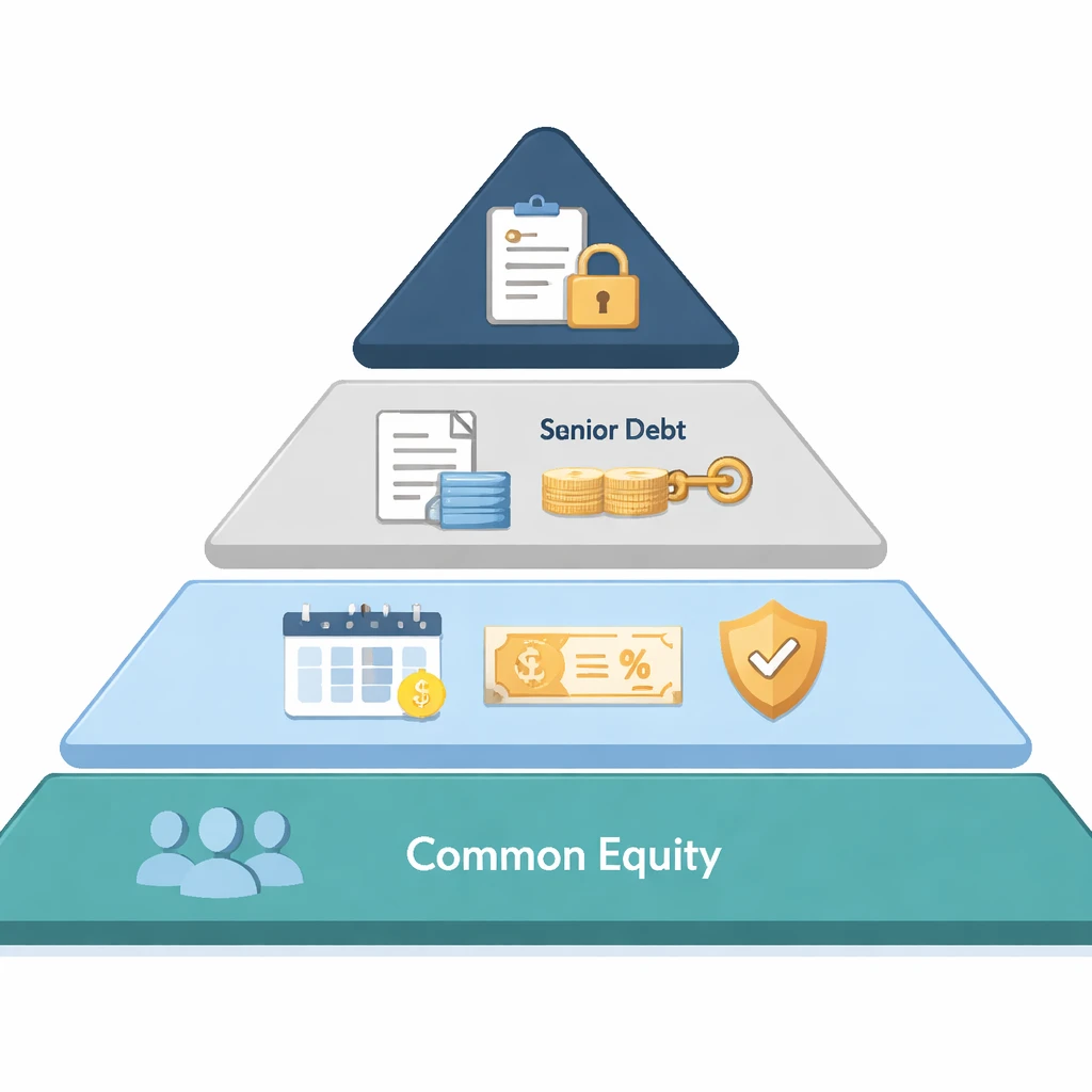 Conceptual diagram of a company’s capital structure showing common and preferred equity layers with visual cues for priority and dividends.