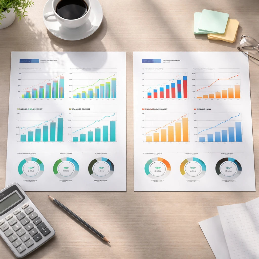 Side-by-side visual comparison of two companies’ financial statements and ratios on a desk