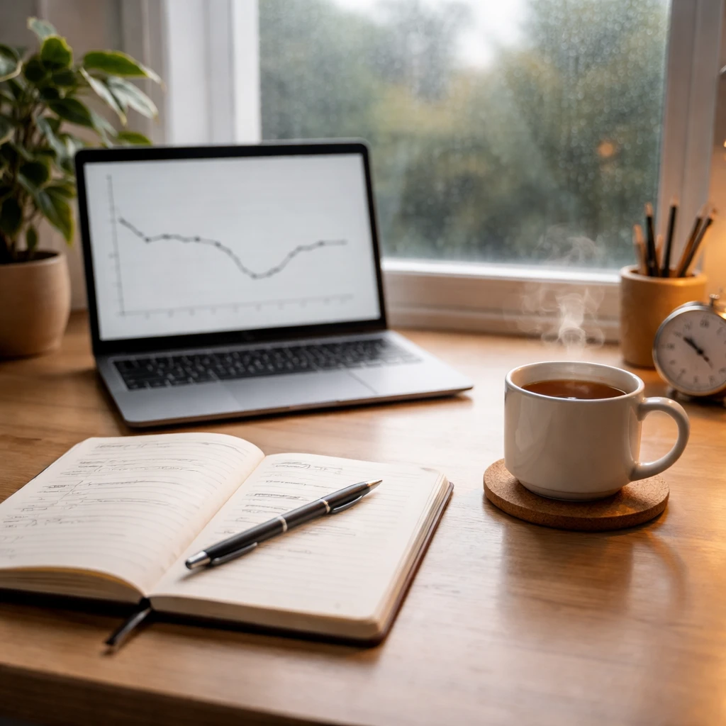 Calm trading desk with an open journal and a modest equity curve dip on a screen, conveying reflective consistency during a drawdown.