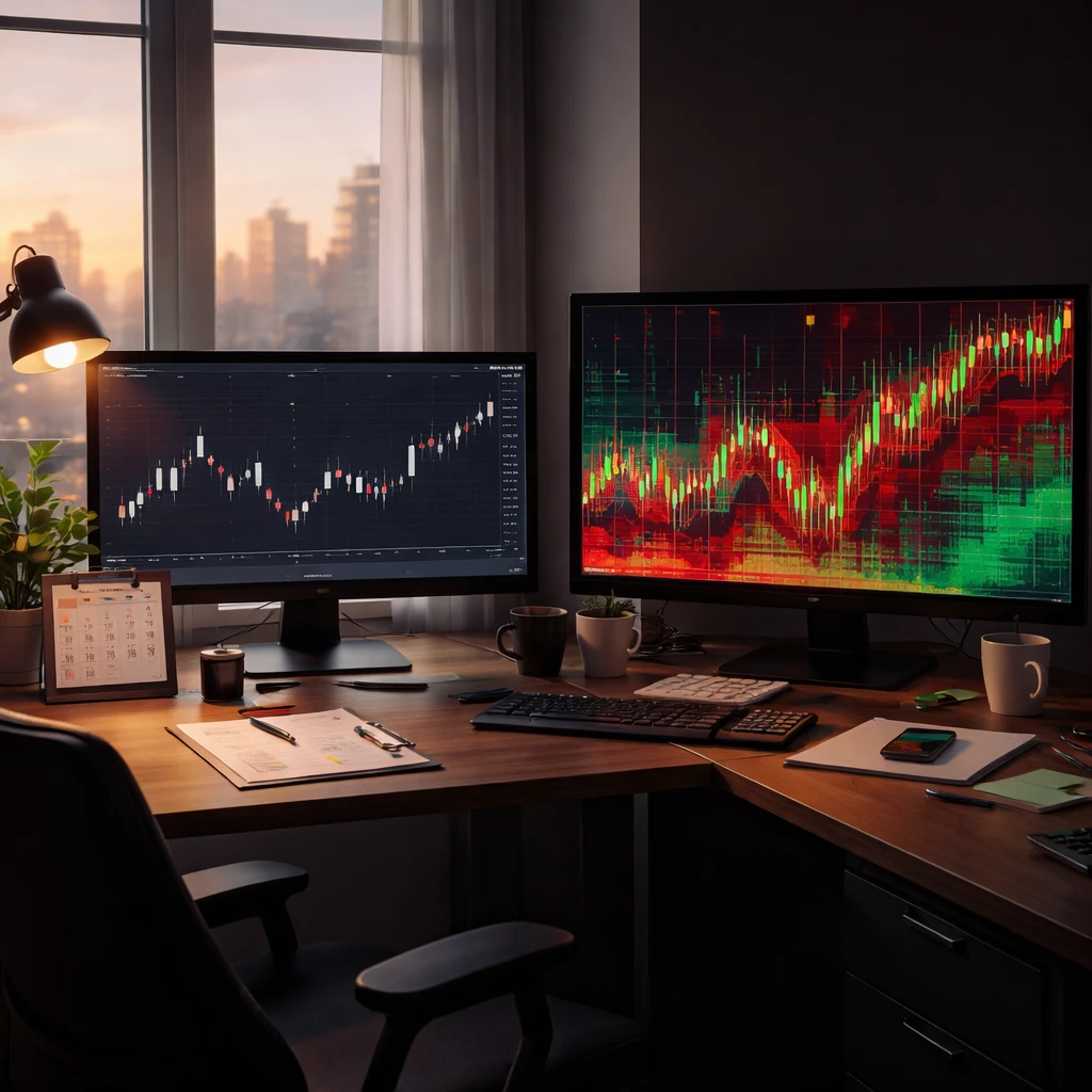 Contrasting workstation showing a calm, organized routine on one side and a vivid, volatile market display on the other, highlighting consistency versus intensity.