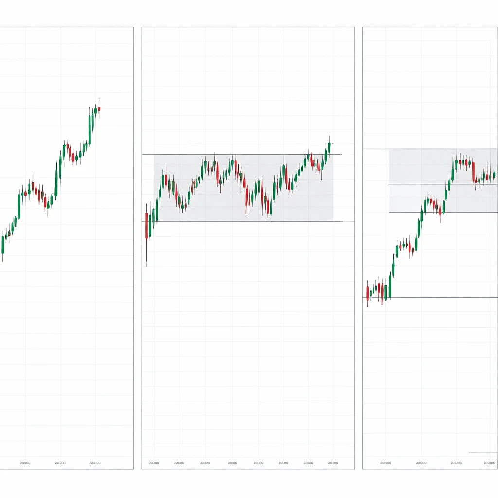 Multi-timeframe candlestick charts illustrating trend, range, and intraday compression for the same asset.