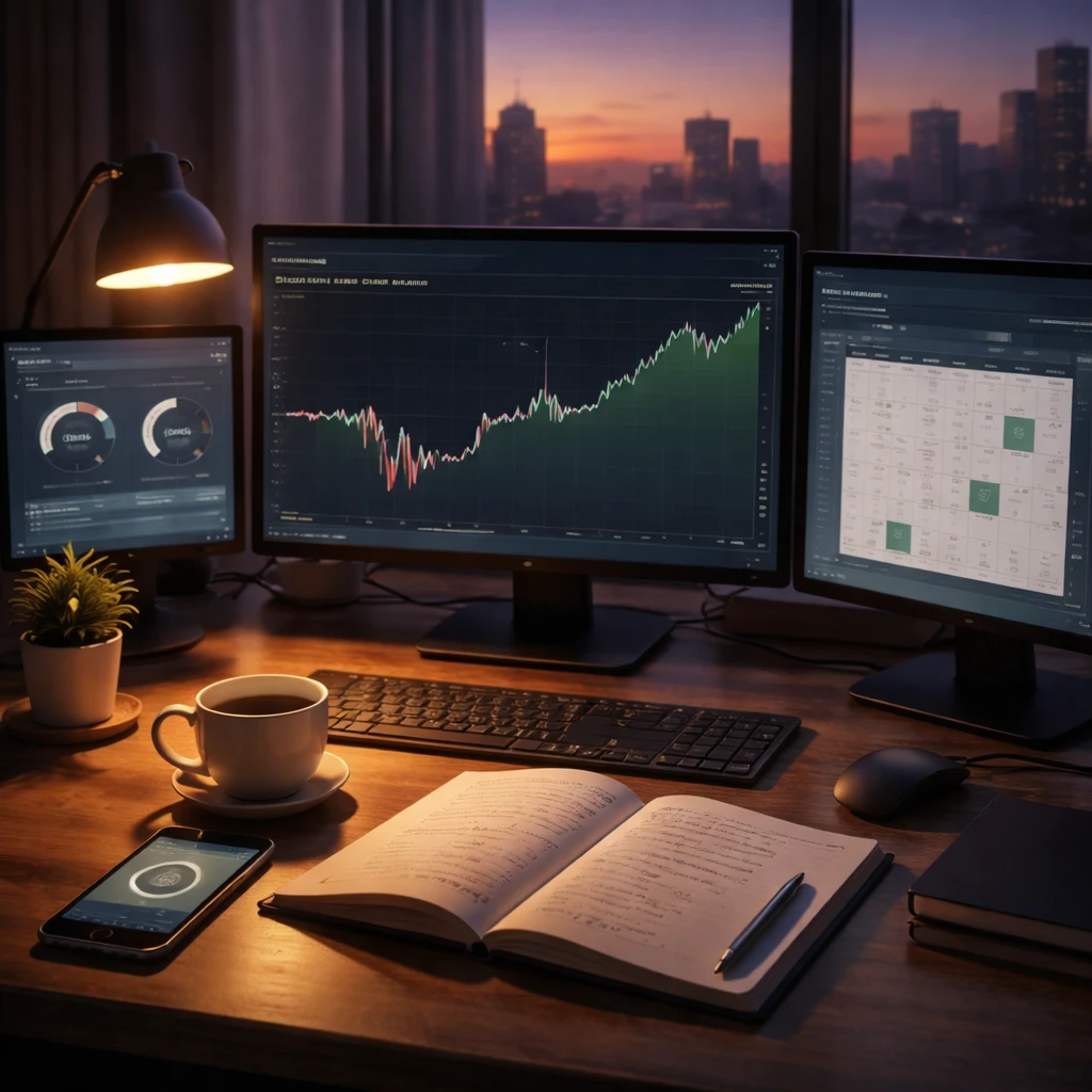 Trader’s desk with charts showing a drawdown and recovery, an open journal with checklists, and a calm city skyline at sunset in the background.