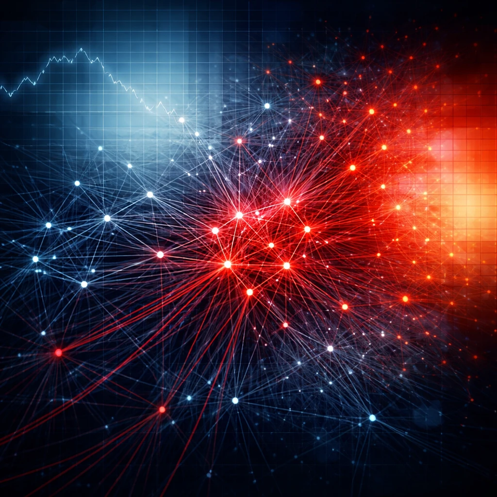 Visualization of asset correlations tightening into a dense red cluster during a market selloff.