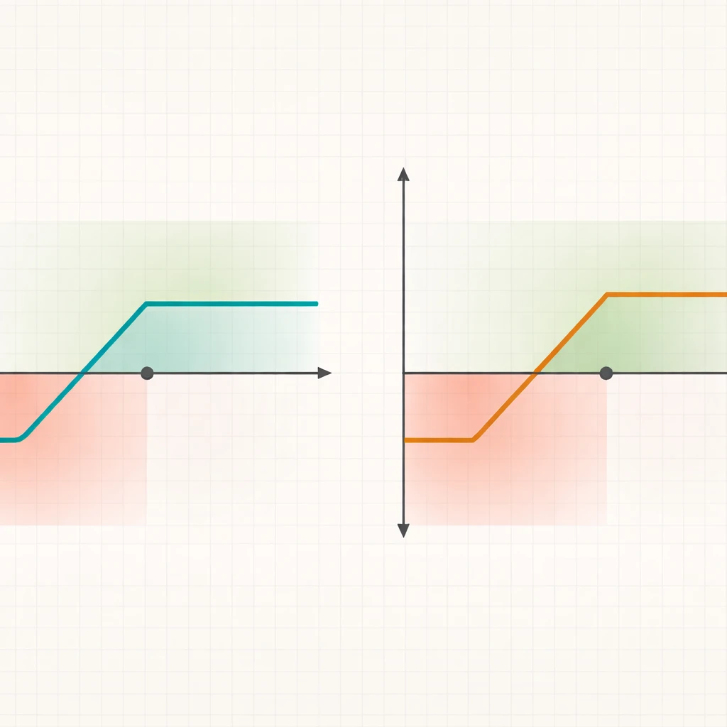 Two option payoff curves showing capped risk and reward for a credit spread and a debit spread on a minimalist grid.