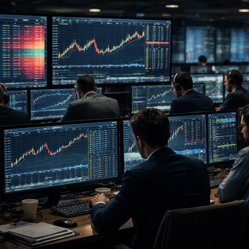 Traders watch volatile charts and an order book heatmap during a market-moving event.
