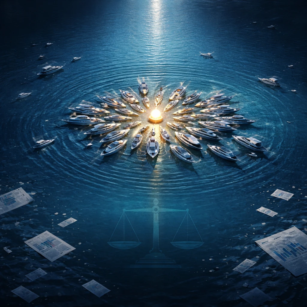 Illustration of many boats crowded around a single buoy in a wide open harbor, symbolizing concentrated market positioning.