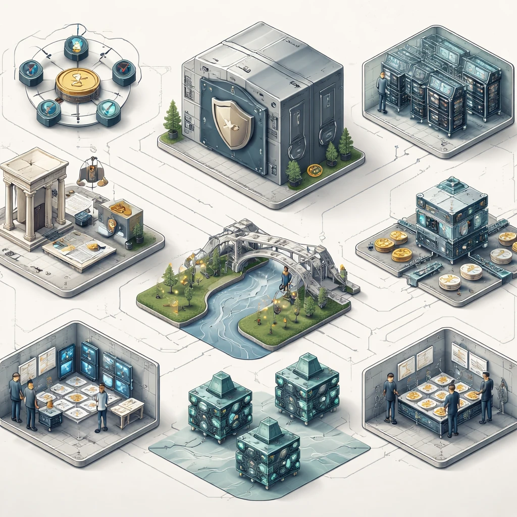 Illustration of crypto custody models and risks including vault storage, hot wallets, multisignature devices, smart contracts, and legal elements.