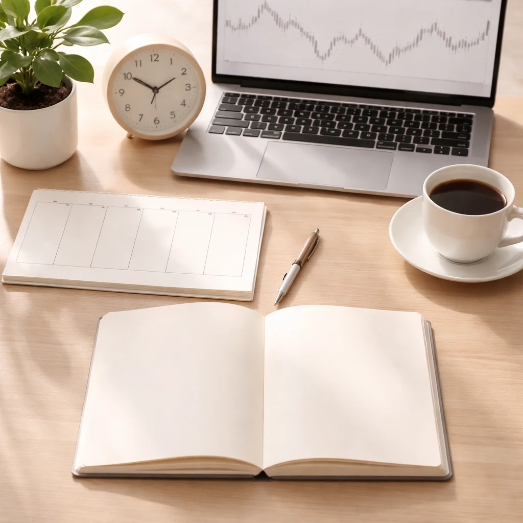 Overhead photo of a tidy trading desk with an open notebook, weekly planner, laptop showing simple charts, pen, coffee cup, and a small plant.