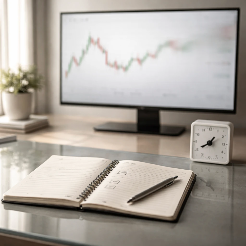 A minimalist trading desk with a blurred market chart in the background and a focused notebook and timer in the foreground, symbolizing attention to process over P&L.