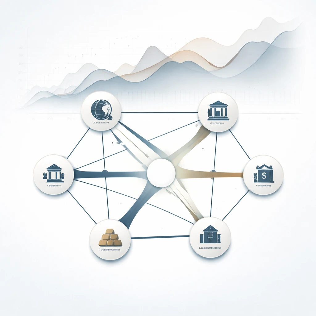 Abstract network of diversified asset classes connected by links that vary in thickness to suggest different correlations, overlaid on subtle return curves forming a smoother combined path.