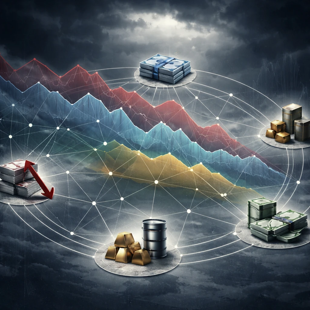 Abstract visualization of a diversified portfolio weathering a downturn, with multiple asset classes moving differently under a stormy backdrop.
