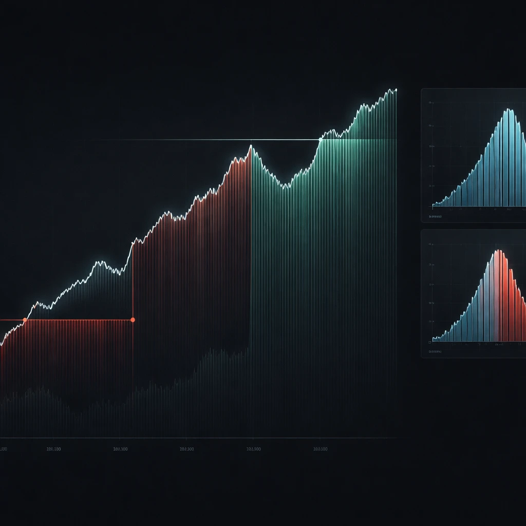Equity curve with highlighted drawdowns below the peak and shaded recovery periods, alongside a return distribution histogram.