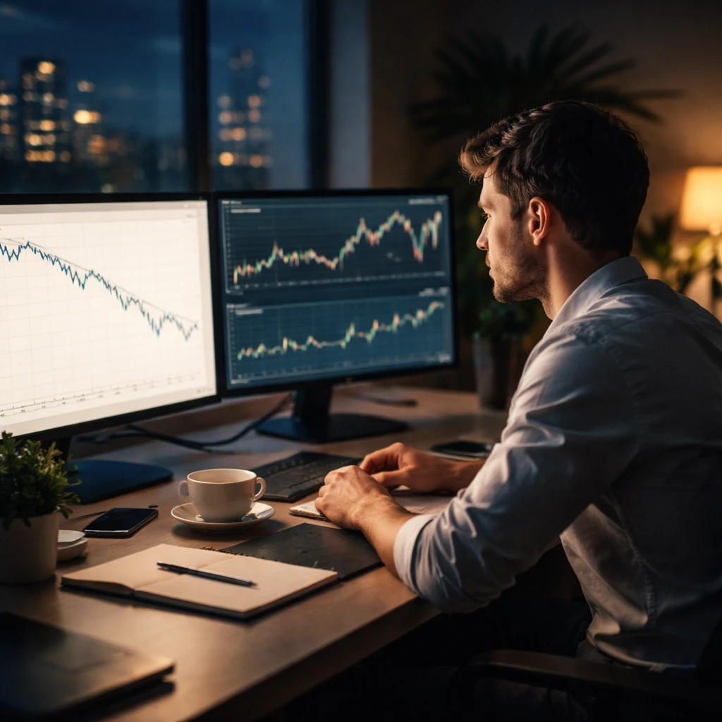 A trader in a quiet evening office studying screens that show an equity curve drawdown, composed and reflective.