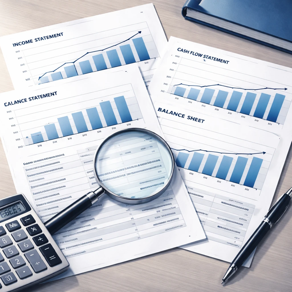 Illustrated financial statements with charts and a magnifying glass highlighting earnings and cash flow on a desk.