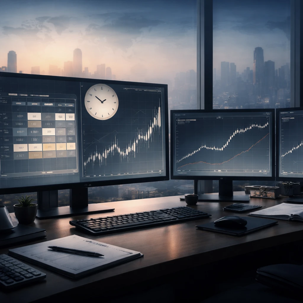 Professional trading workstation showing charts spiking at a scheduled time with an analog clock and an abstract economic calendar, no text visible.