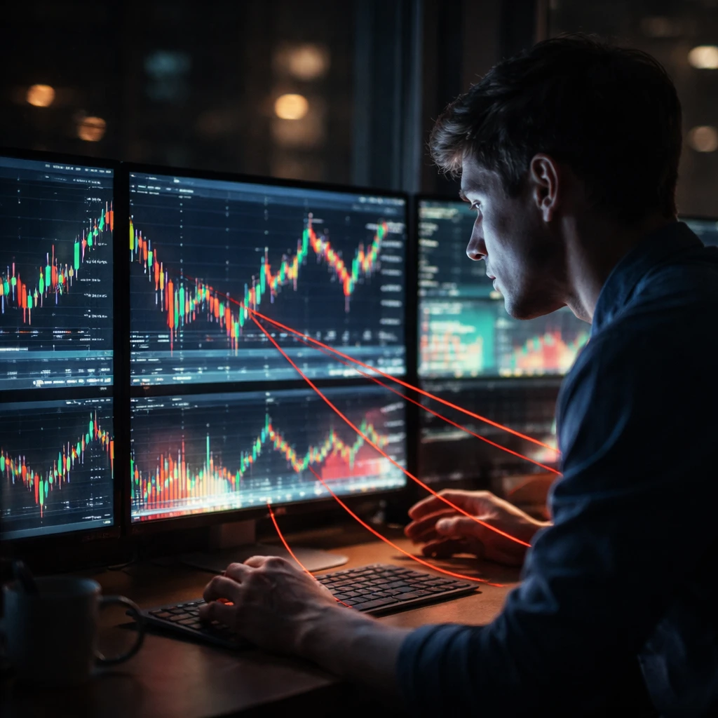 A trader tethered by red threads to chart points on multiple screens, symbolizing emotional attachment to positions.