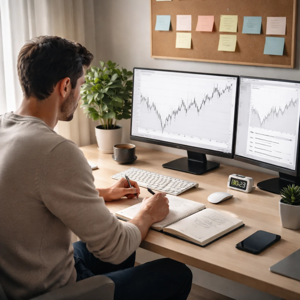 A focused trader at a clean desk reviewing charts and a process checklist in a calm, well-lit workspace.