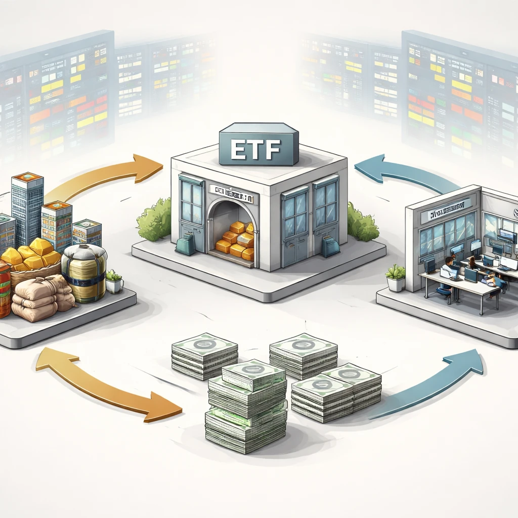 Isometric illustration of the ETF creation and redemption process showing assets moving to an ETF custodian and ETF shares moving to an authorized participant, with arrows indicating both directions.