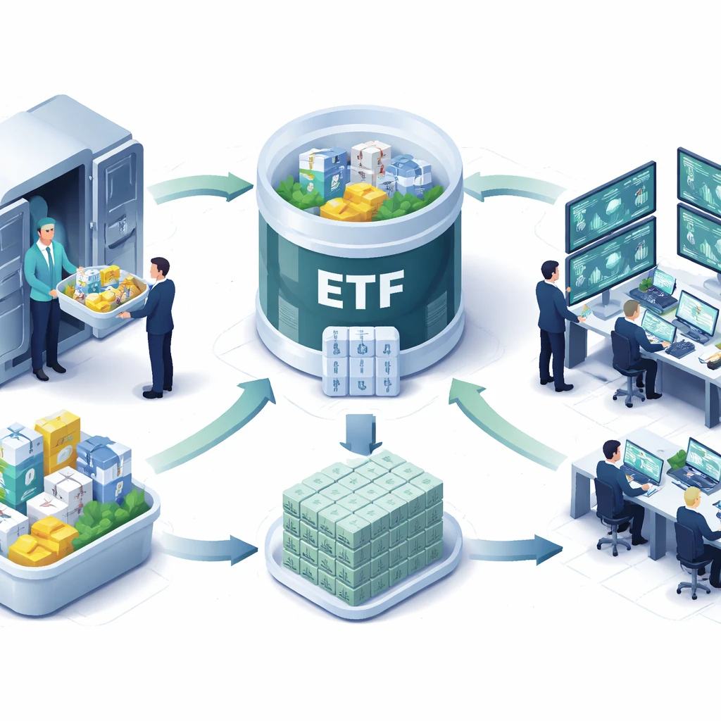 Diagram showing authorized participant delivering a securities basket to an ETF fund and receiving shares, with exchange trading on the other side.