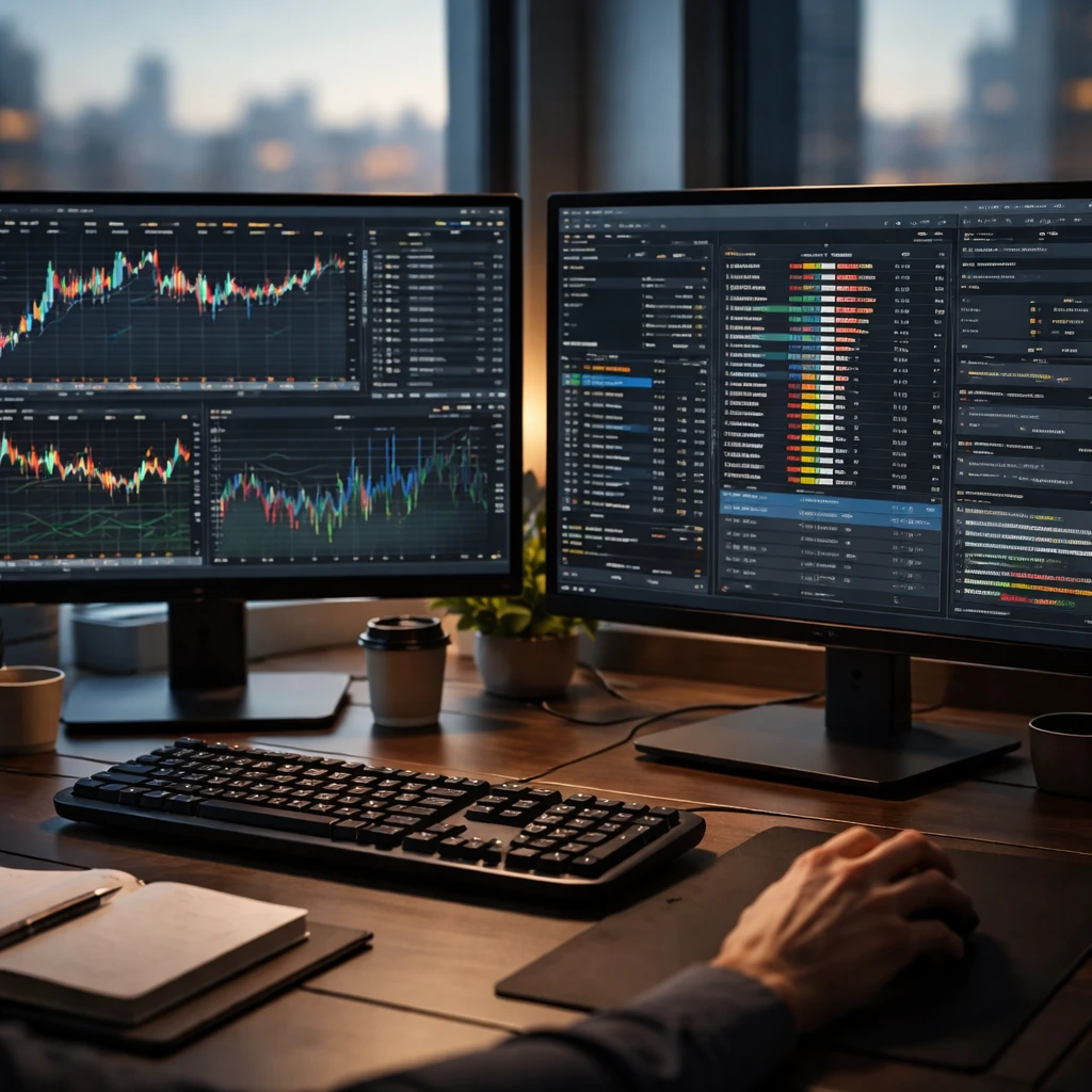 Split-screen workstation with market analysis visuals on the left and an order execution interface on the right.