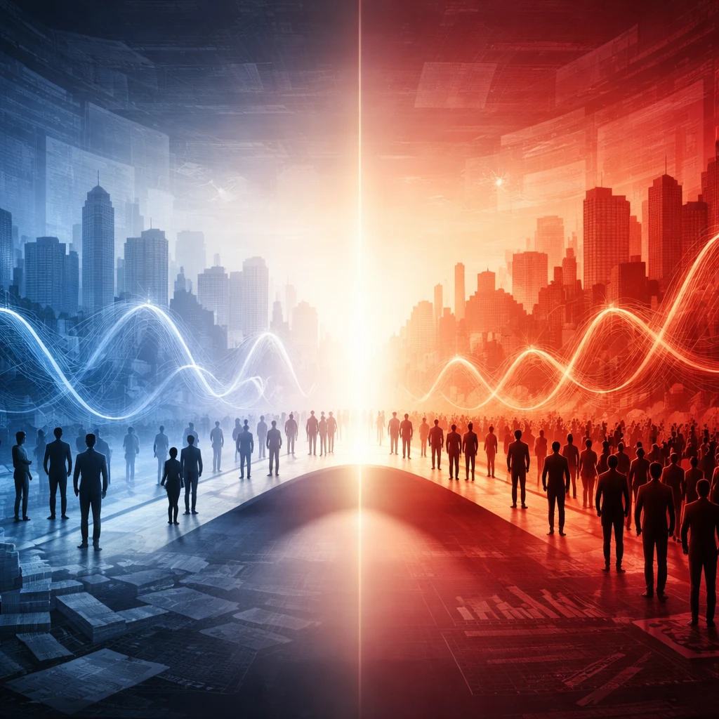 Conceptual illustration contrasting fearful and greedy market phases with crowd behavior and cyclical price waves.