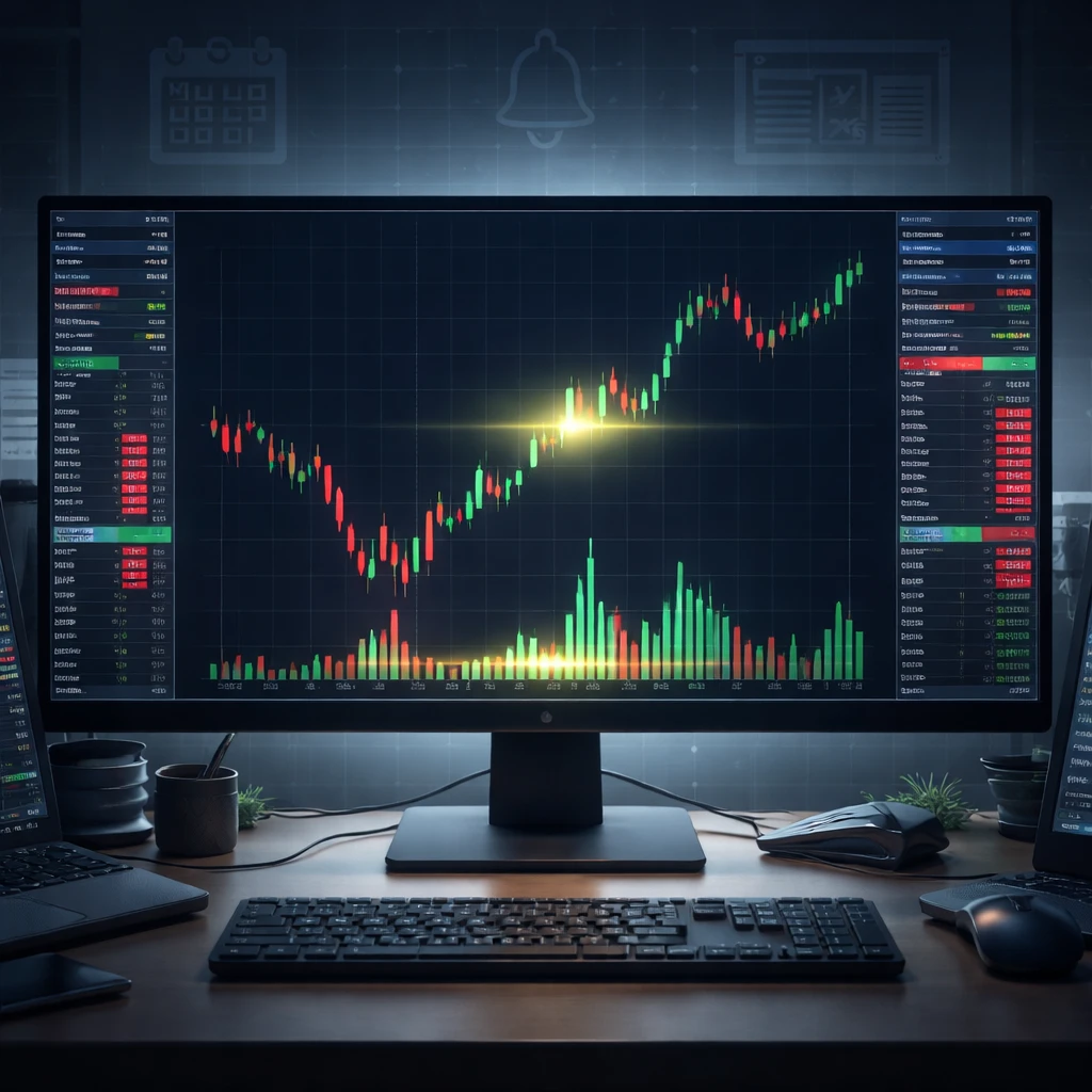 Trading screen with a candlestick chart displaying a clear opening price gap and elevated volume, suggesting event-driven movement.