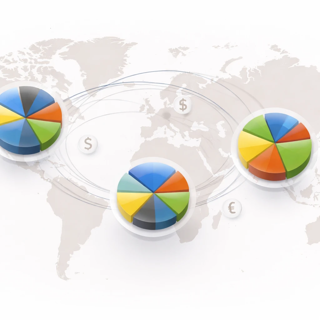 World map with regional pie charts connected by lines, illustrating diversified exposure across North America, Europe, and Asia-Pacific.