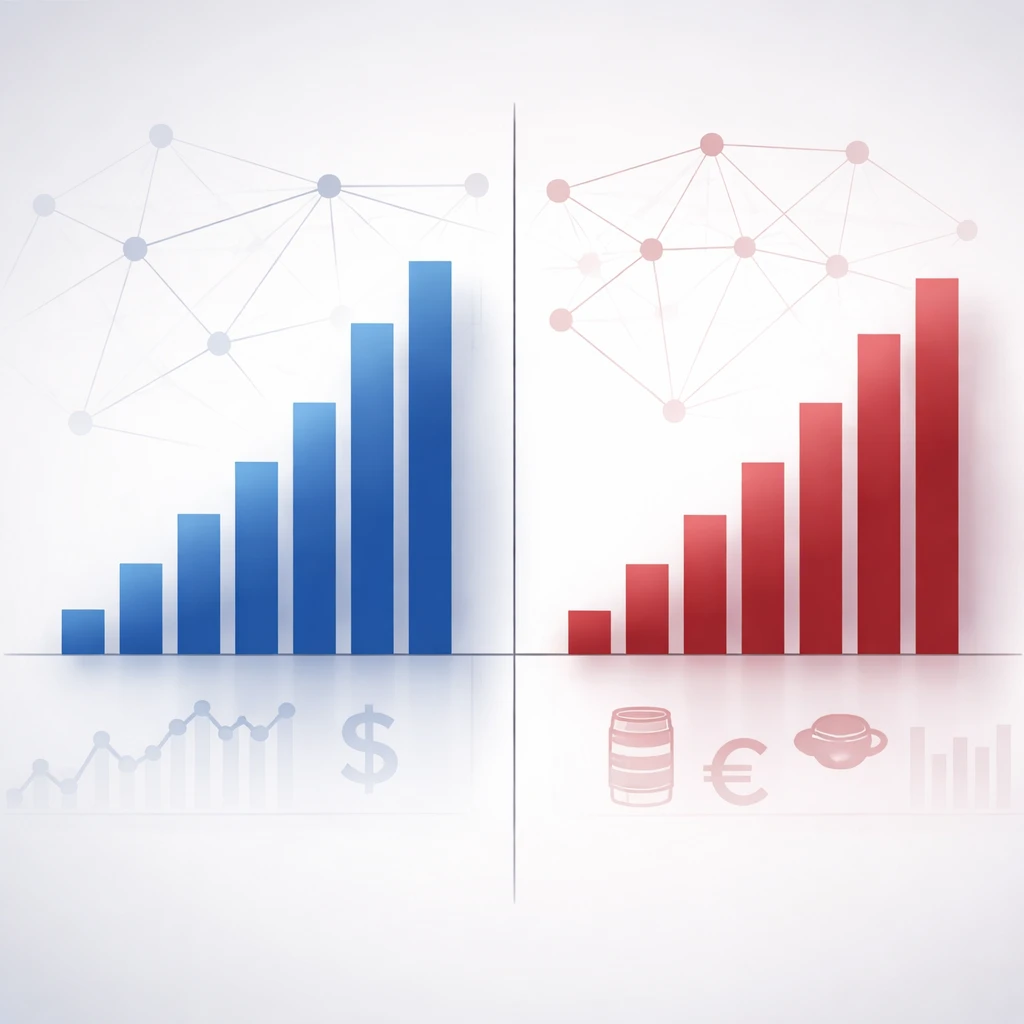 Abstract visualization of long and short positions illustrating gross and net exposure with a subtle correlation network in the background.