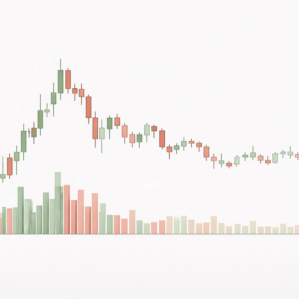 Candlestick chart with volume histogram illustrating high and low volume periods alongside changing volatility.